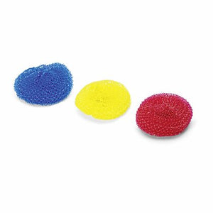 Drei runde Kunststoff-Topfreiniger in Blau, Gelb und Rot.