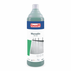 Buzil Maradin HC 43 cleaner in a 1L bottle with green liquid.