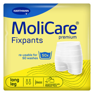 Braune MoliCare Premium Fixpants Größe L mit langem Bein, 25 Stück, atmungsaktiv und elastisch.