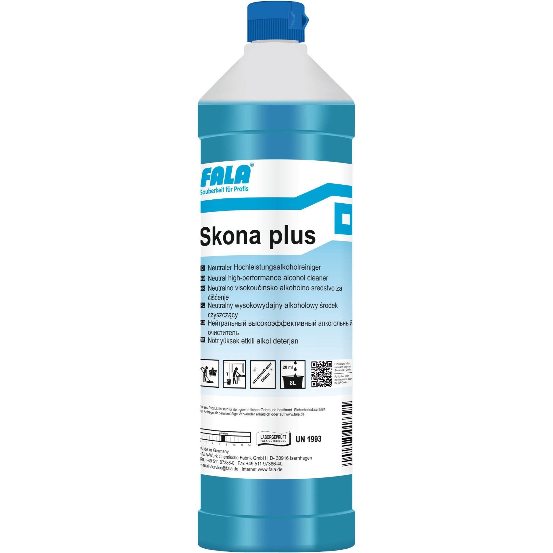 Flasche Skona Plus Reinigungsmittel mit blauem Inhalt und weißem Etikett.