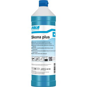 Flasche Skona Plus Reinigungsmittel mit blauem Inhalt und weißem Etikett.