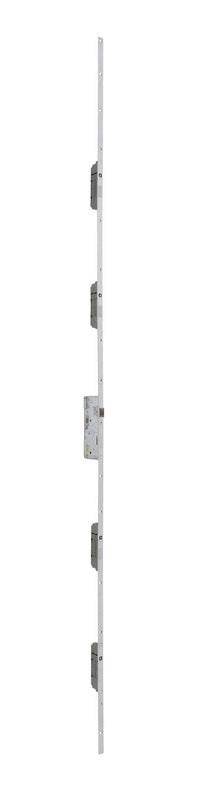 Silberne Mehrfachverriegelung mit robustem Design und mehreren Verriegelungspunkten.
