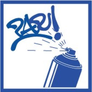 Blaue Sprühflasche mit Graffiti-Schriftzug und Sprühnebel.