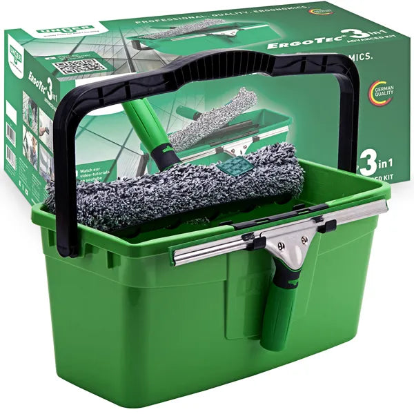 Unger Glasreinigungs Set mit Fensterabzieher und Mikrofasertuch im grünen Eimer.