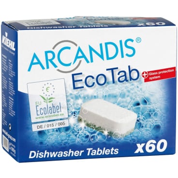 Arcandis Ecotab dishwasher tablets, 60 count, with glass protection.