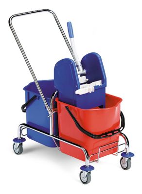 Verchromter Wagen Jack mit 50 Litern Fassungsvermögen und stabilen, beweglichen Rädern.