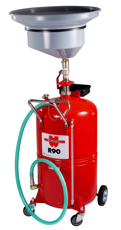 Altölsammelgerät mit 90 Liter Fassungsvermögen, stabilem Rahmen und Rollen für Transport.