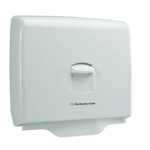 Robuster weißer Kunststoffspender für Toilettensitzauflagen zur Wandmontage.