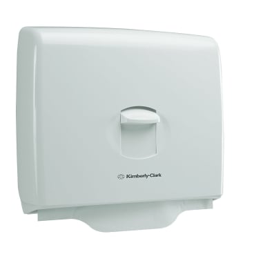 Robuster weißer Kunststoffspender für Toilettensitzauflagen zur Wandmontage.