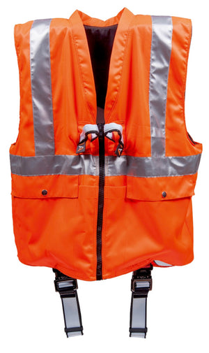 Leuchtend gelbe Auffanggurt-Warnweste in Größe M/L mit reflektierenden Streifen und Taschen.