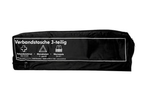 Schwarze, kompakte Verbandtasche mit drei Teilen und mehreren Fächern für Erste Hilfe.
