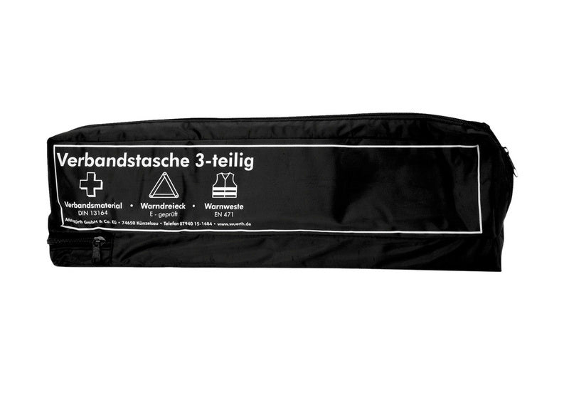 Schwarze, kompakte Verbandtasche mit drei Teilen und mehreren Fächern für Erste Hilfe.