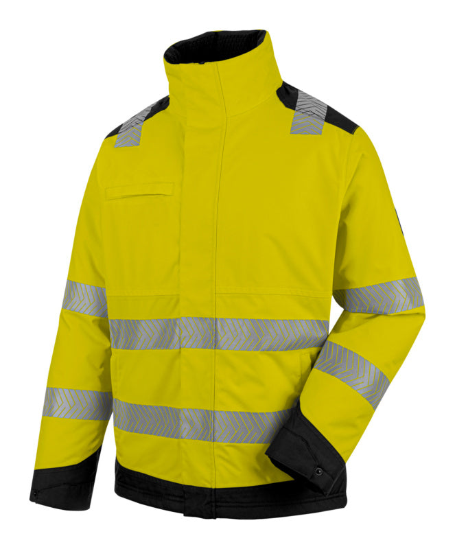 Warnschutz-Winterjacke in Fluogelb und Anthrazit mit Kapuze und reflektierenden Elementen.