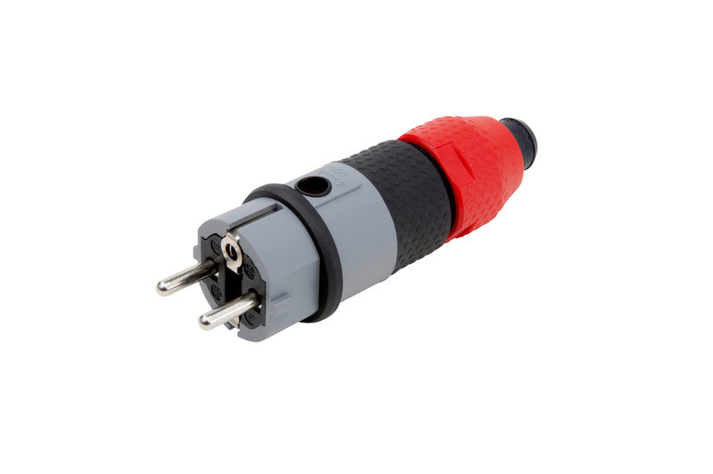 Schutzkontaktstecker-STE-2K in kompakter Bauweise mit Kindersicherung und korrosionsbeständigem Material.