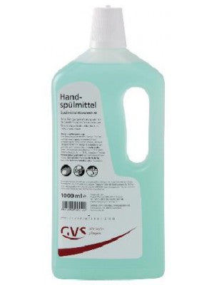 Ein Liter Handspülmittel in einer durchsichtigen Flasche mit Griff.