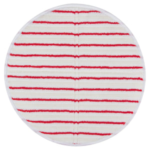 Runde Reinigungsscheibe mit roten Streifen auf weißem Grund.