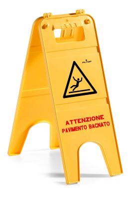 Gelbes Warnschild mit Aufschrift Rutschgefahr im 2-teiligen Set zur Bodenwarnung.
