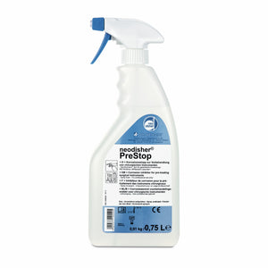 A white spray bottle of Neodisher PreStop corrosion inhibitor for surgical instruments.