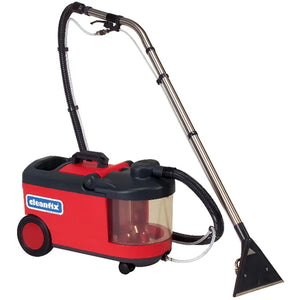 Rotes und schwarzes Sprühextraktionsgerät Cleanfix mit Griff und Schlauch.