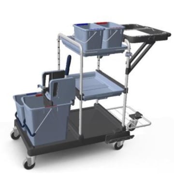 Reinigungs-Trolley mit mehreren Fächern und Eimern.
