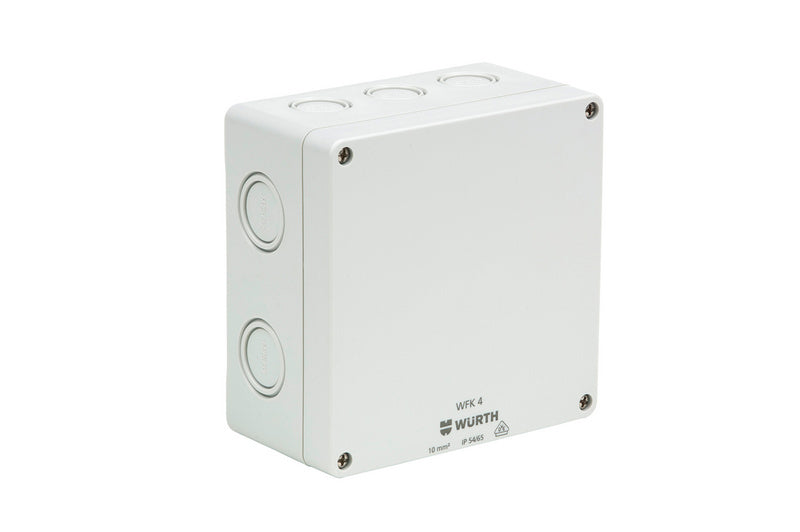 Zwei robuste IP65 Elektrogehäuse 140x140x75 mm zum Schutz elektrischer Komponenten.