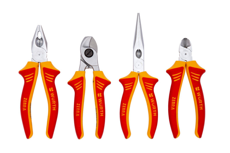 Vierteiliger VDE-Zangensatz mit Seitenschneider, Spitzzange, Flachzange und Kabelabisolierer in Etui