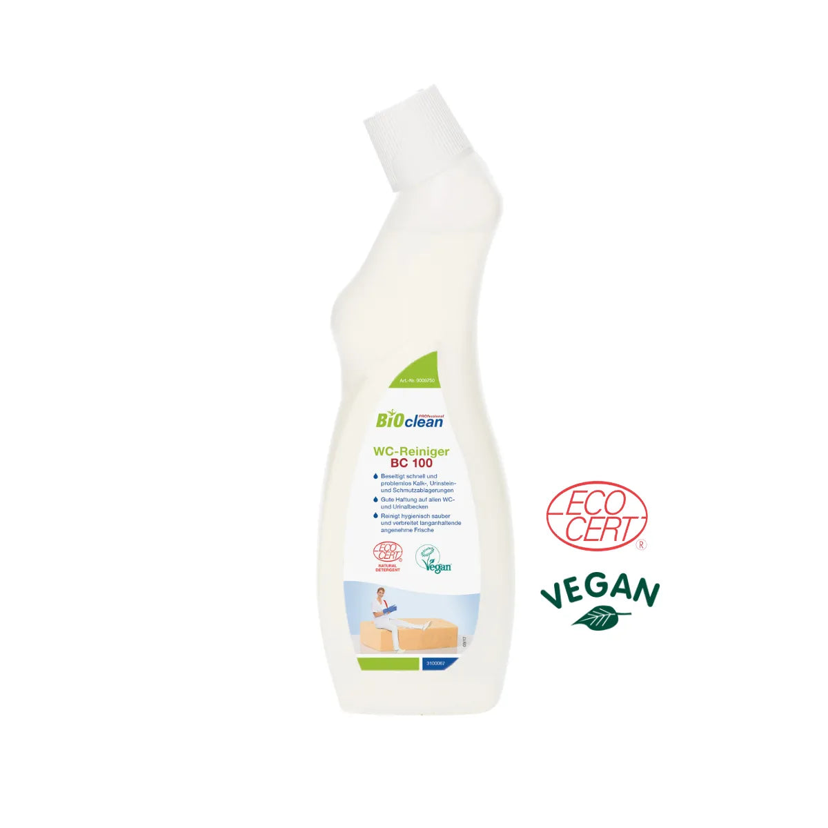 BOClean WC-Reiniger BC 100 in einer 750ml Flasche mit Eco Cert und Vegan Siegel.