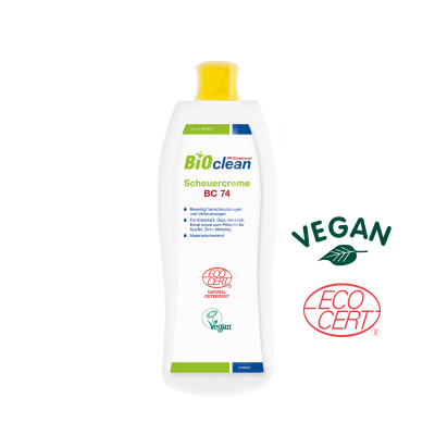 BCP Scheuercreme BC 74 in einer 500ml Flasche mit Vegan und Eco Cert Siegeln.