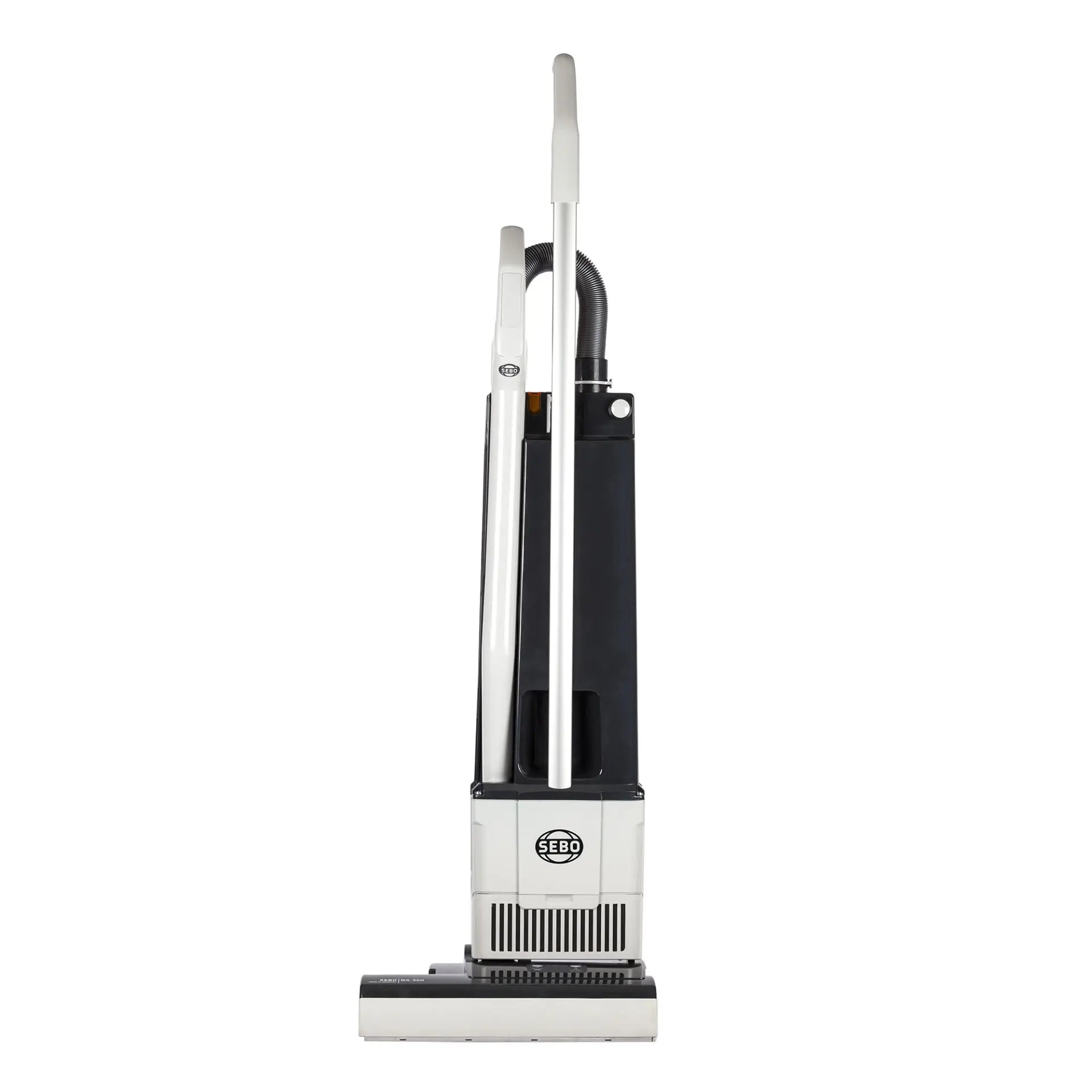SEBO 360 Staubsauger in Weiß und Schwarz mit silbernem Griff.