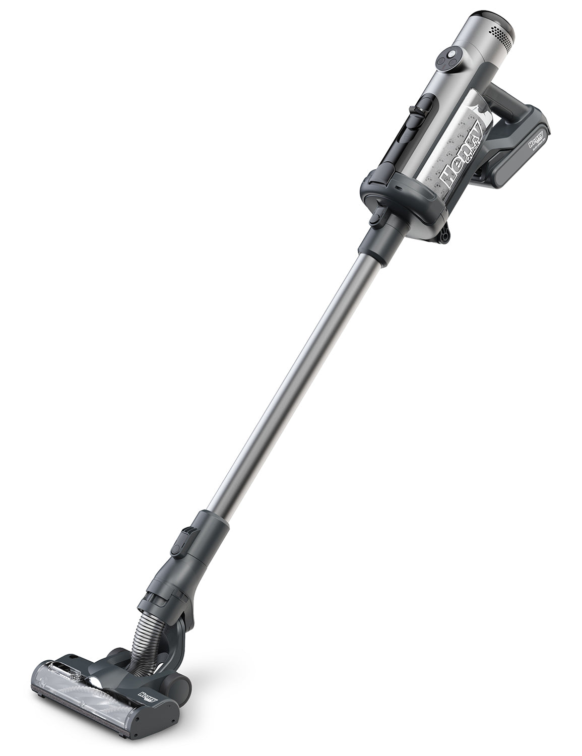 Henry Quick Akku-Staubsauger in Grau mit einem Akku.