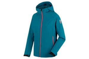 Petrolfarbene Softshell-Arbeitsjacke mit elastischem Design und funktionalen Taschen.