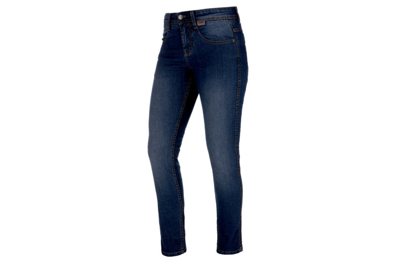 Blaue Damen-Arbeitshose aus Stretch-Jeans mit fünf Taschen und elastischem Bund.