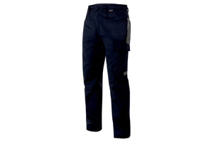 Dunkelblaue Arbeitshose mit grauen Akzenten und mehreren Taschen für Handwerker und Bauarbeiter.