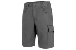 Grau und schwarze Arbeitsshorts mit mehreren funktionalen Taschen und elastischem Bund.