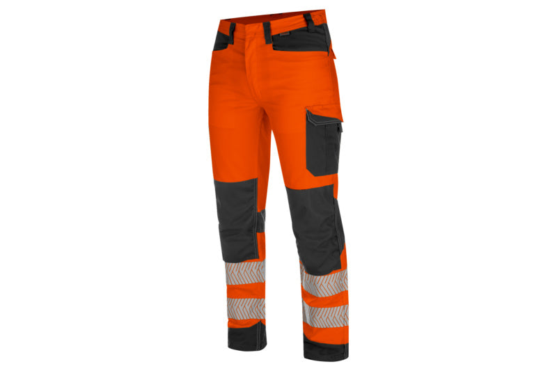 Warnschutzhose BUHO in Fluo Orange und Anthrazit mit praktischen Taschen und verstellbarem Bund.