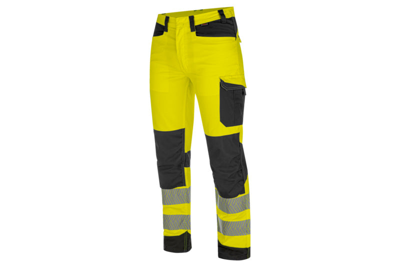 Warnschutzhose in fluoreszierendem Gelb und Anthrazit mit Taschen und verstellbaren Beinabschlüssen.