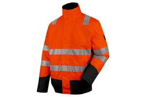 Warnschutz-Bomberjacke in fluoreszierendem Orange mit anthrazitfarbenen Akzenten und mehreren Taschen