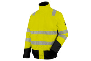 Warnschutzjacke in Fluogelb und Anthrazit mit reflektierenden Elementen und praktischen Taschen.