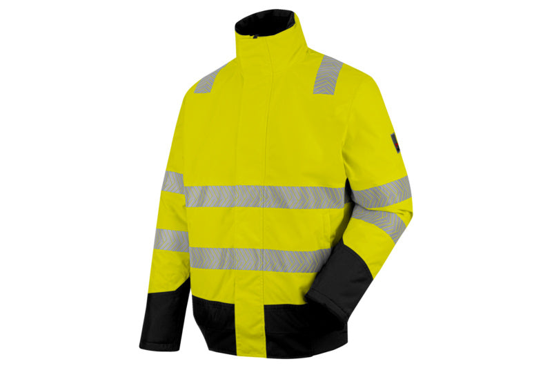 Warnschutzjacke in Fluogelb und Anthrazit mit reflektierenden Elementen und praktischen Taschen.