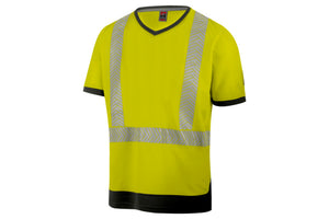 Warnschutz-T-Shirt in fluoreszierendem Gelb mit anthrazitfarbenen Akzenten und reflektierenden Streifen.