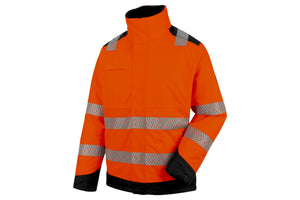 Warnschutzjacke in leuchtendem Fluororange und Anthrazit mit reflektierenden Elementen.