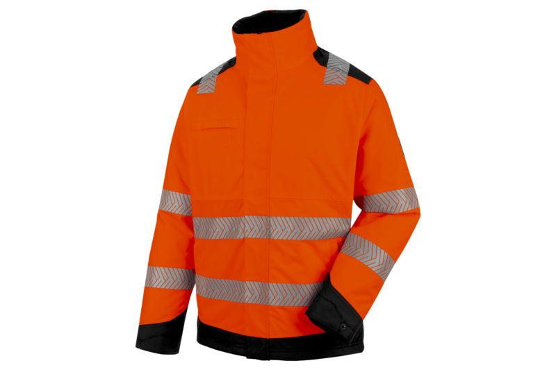 Warnschutzjacke in leuchtendem Fluororange und Anthrazit mit reflektierenden Elementen.