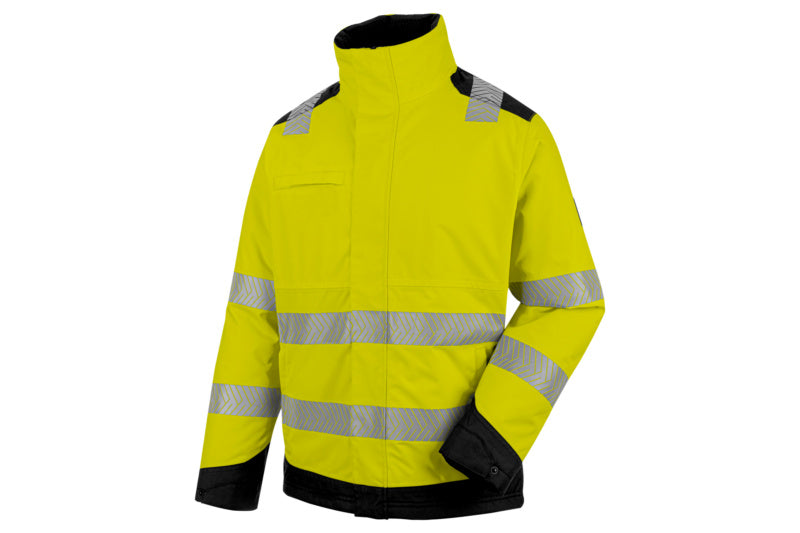 Leuchtend gelbe und anthrazitfarbene Winterjacke mit reflektierenden Elementen und Kapuze.