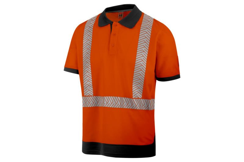 Warnschutz-Poloshirt in fluoreszierendem Orange mit anthrazitfarbenen Ärmeln und Kragen.