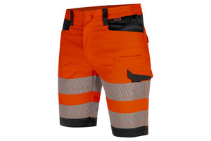 Fluoreszierende orange Warnschutzshorts mit anthrazitfarbenen Akzenten und mehreren Taschen.