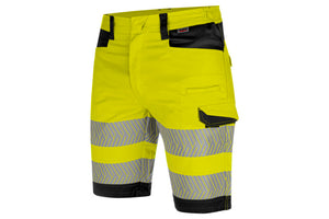 Warnschutzshorts in fluoreszierendem Gelb und Anthrazit mit elastischem Bund und Taschen.
