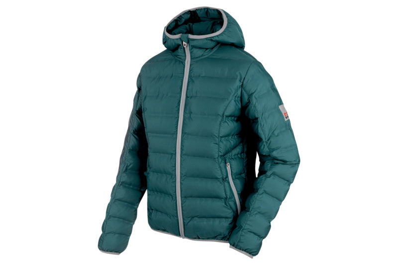 Gefütterte Wetterschutzjacke "Anna" in Petrol mit verstellbarer Kapuze und seitlichen Taschen.