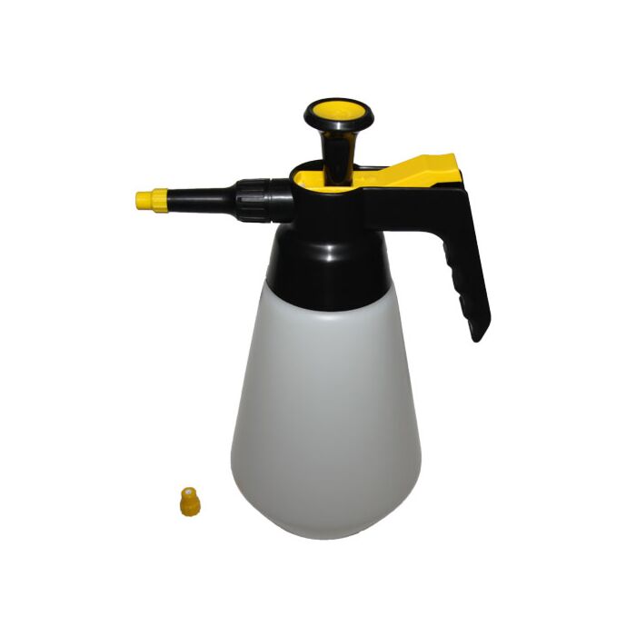 Druckpumpenzerstäuber aus Kunststoff mit 1 Liter Fassungsvermögen und einstellbarem Sprühnebel.