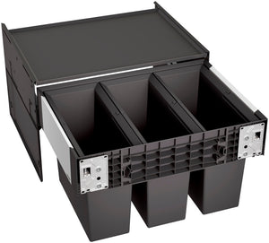 Mülltrennsystem mit mehreren Fächern für Bioabfälle, Papier, Plastik und Restmüll.