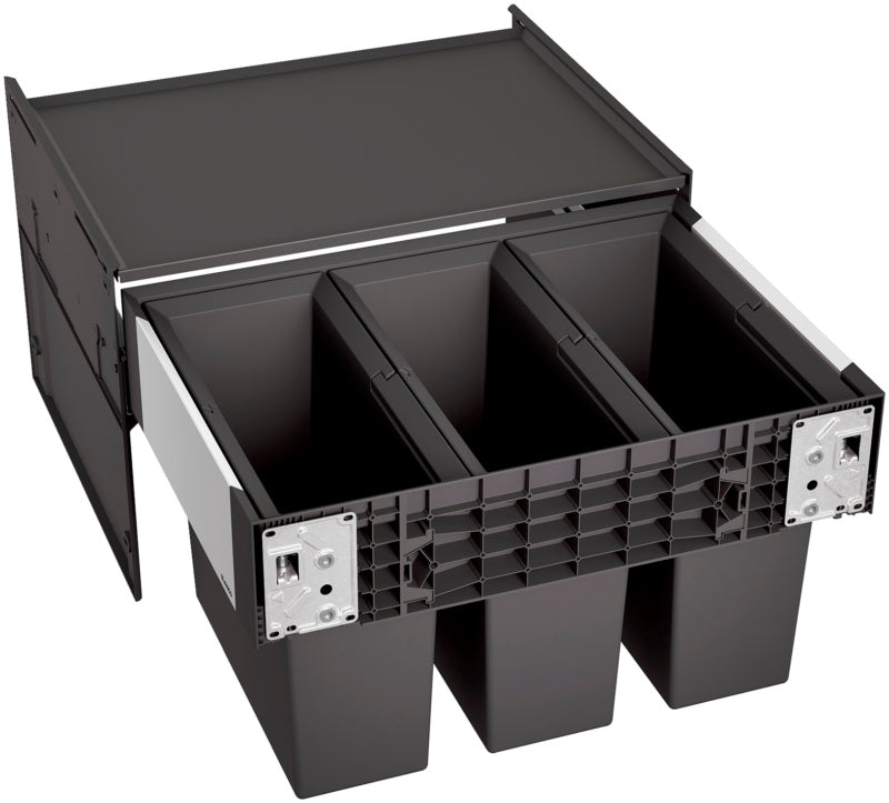 Mülltrennsystem mit mehreren Fächern für Bioabfälle, Papier, Plastik und Restmüll.